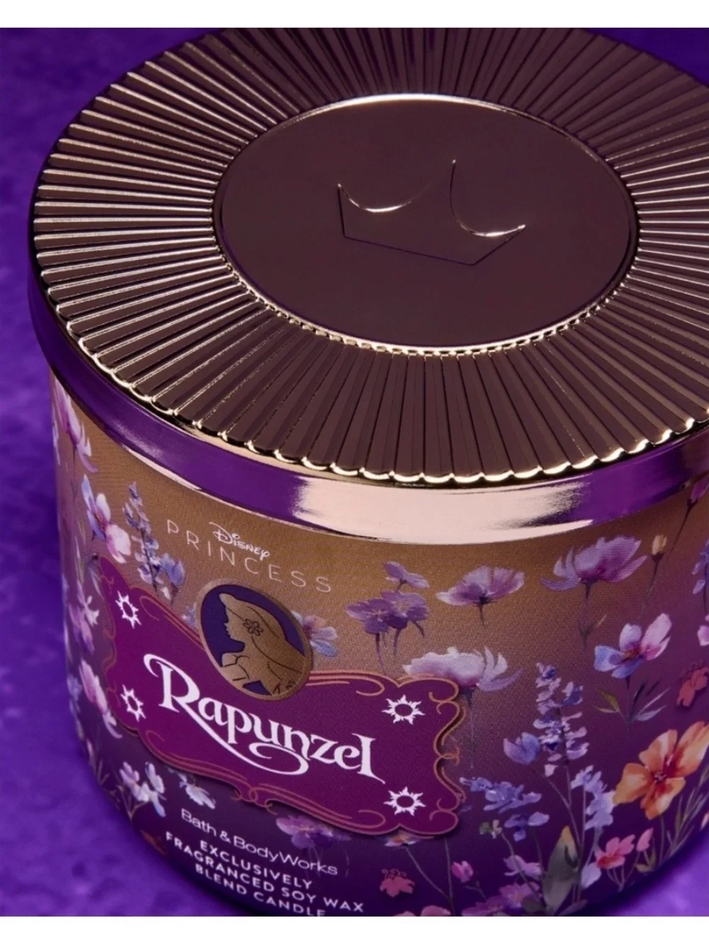 NEW! Bath & Body Works Disney Princess Rapunzel 3-Wick Candle Crown Embossed Lid